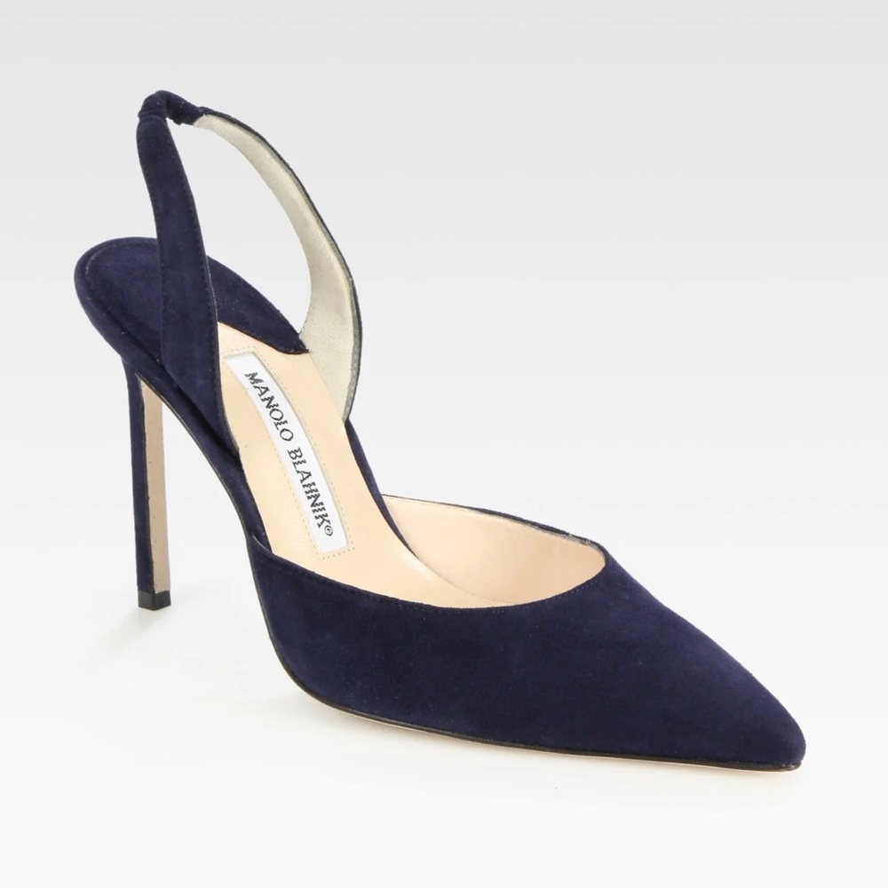MANOLO BLAHNIK Carolyne Suede Mid-Heel Slingback Pump Navy Size 41.5